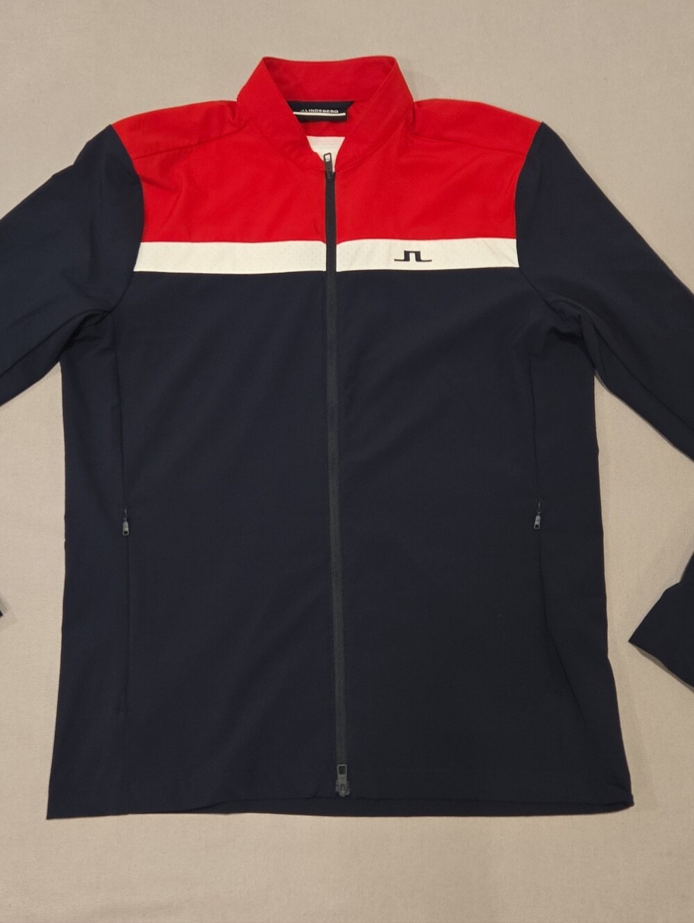J. Lindeberg KV Hybrid Golf Jacket Men Blue Red Logo Water Repellent Full Zip